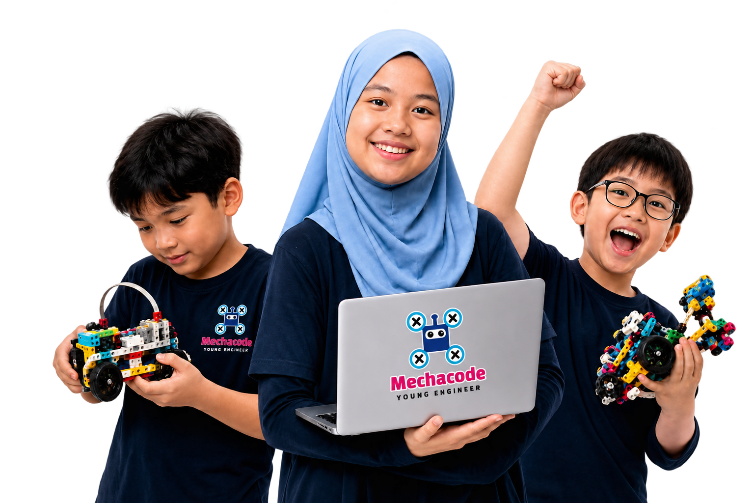Tiga pelajar Mechacode dengan laptop dan projek robotik